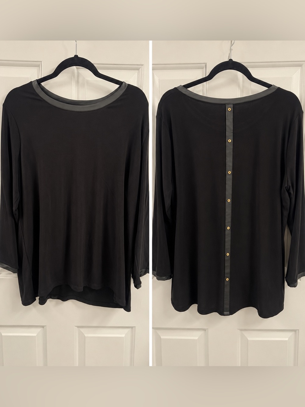 Anne Klein Women’s Black Long-Sleeve Button-Back Crew Neck Top 3/4 blouse